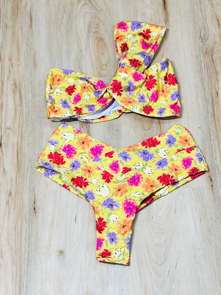 Yellow Floral Bandeau Bikini Set