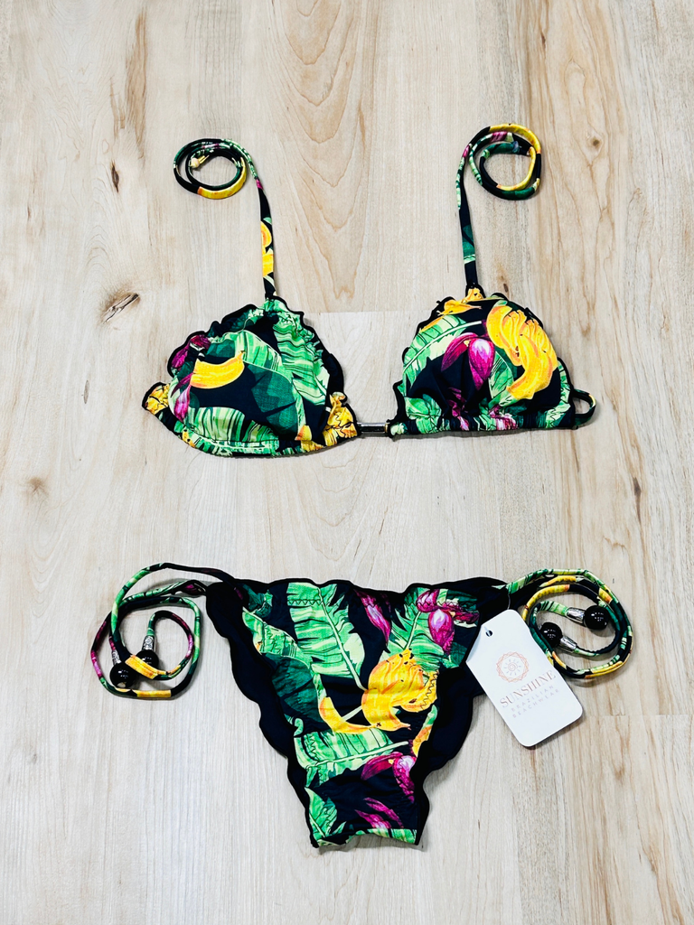 Flower Flounce Triangle Top with Side Tie Bikini Bottom
