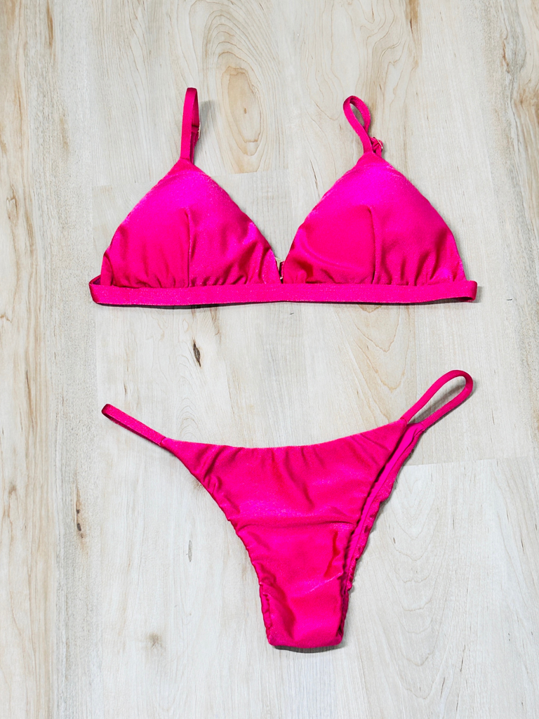 Pink Triangle Bikini Set with Fixed Side Bottoms