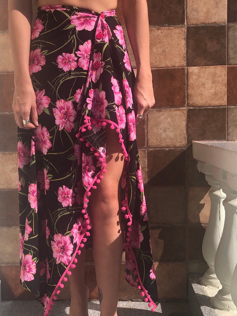 Black Floral High-Low Wrap Skirt,