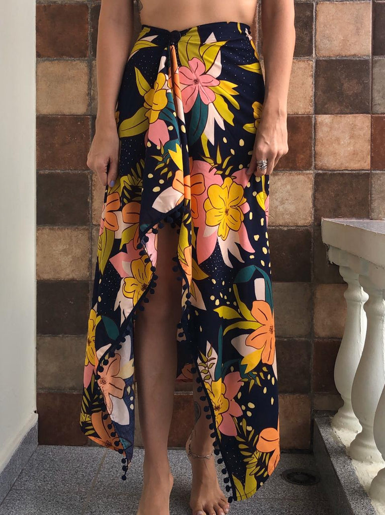 Floral Wrap Skirt with Navy Background 
