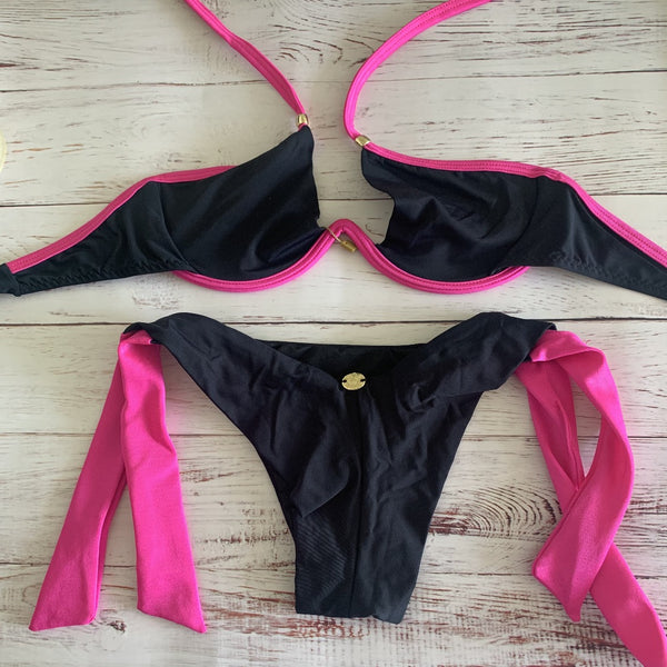 Top W with Side Tie Bottoms (Black/pink)